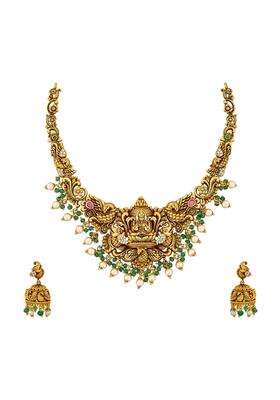 Kushals Fashion Jewellery Ruby Green Gold Plated Antique Necklace Set with Jhumka Earrings for Women