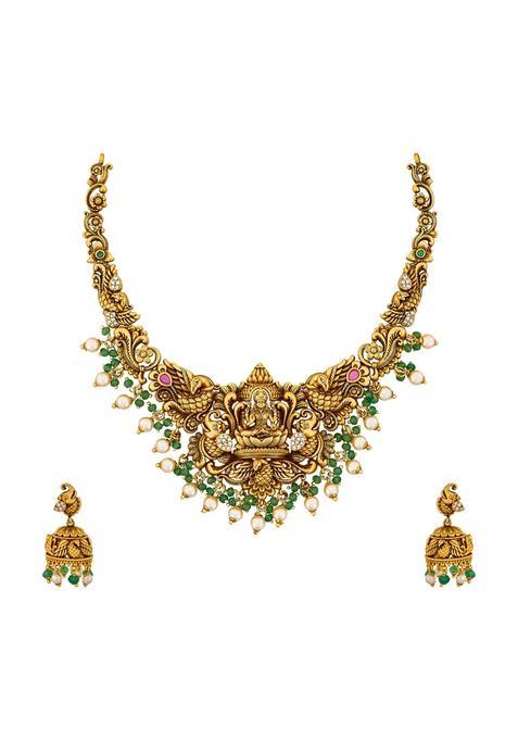 Kushals Fashion Jewellery Ruby Green Gold Plated Antique Necklace Set with Jhumka Earrings for Women