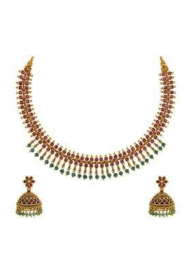 Kushals Fashion Jewellery Ruby Green Gold Polished Copper Antique Necklaceset with Earrings and Adjustable