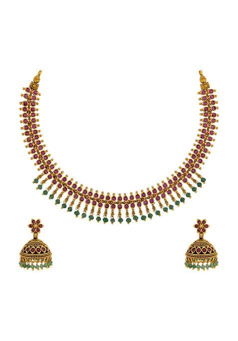 Kushals Fashion Jewellery Ruby Green Gold Polished Copper Antique Necklaceset with Earrings and Adjustable