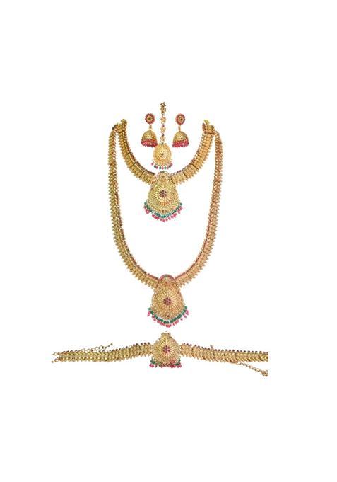 Vimina Traditional Gold Plated Temple Necklace Set with Ethnic Pendants and Jhumka Earrings