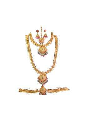 Vimina Traditional Gold Plated Temple Necklace Set with Square Pendants and Jhumka Earrings