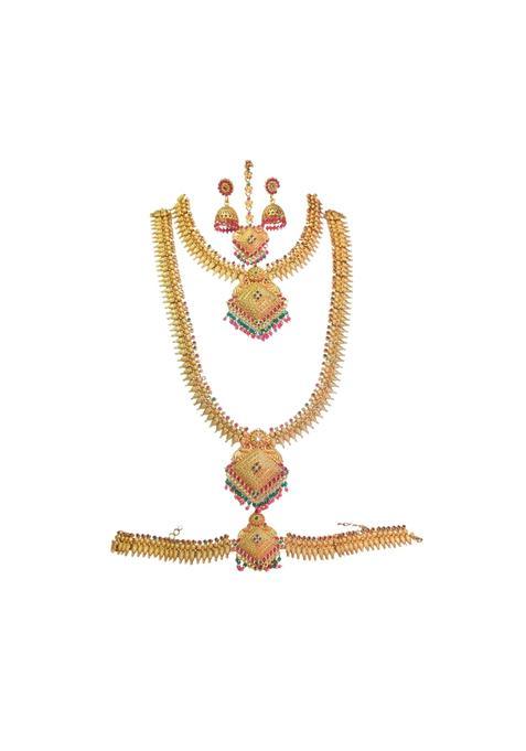 Vimina Traditional Gold Plated Temple Necklace Set with Square Pendants and Jhumka Earrings