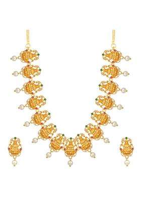 Aheli South Indian Style Laxmi Goddess Design Crafted Necklace Earrings Set Traditional Wedding Wear Temple