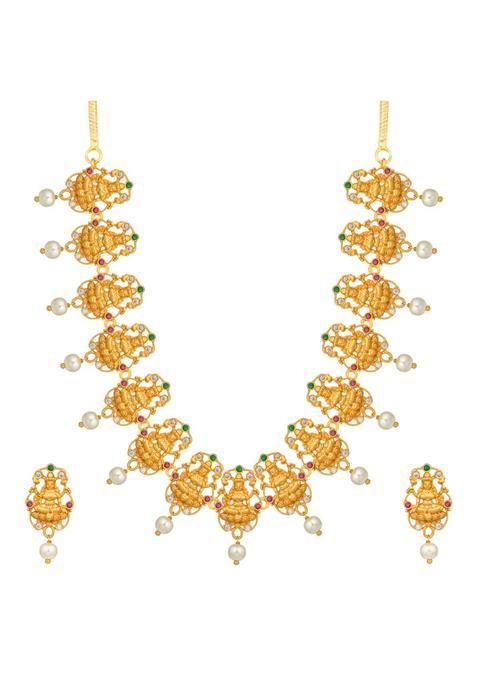 Aheli South Indian Style Laxmi Goddess Design Crafted Necklace Earrings Set Traditional Wedding Wear Temple
