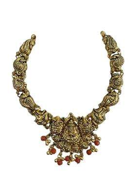 Silver 925 Antique Gold Plated Temple Necklace for Women Lakshmi Motif Traditional Choker with Red Beads