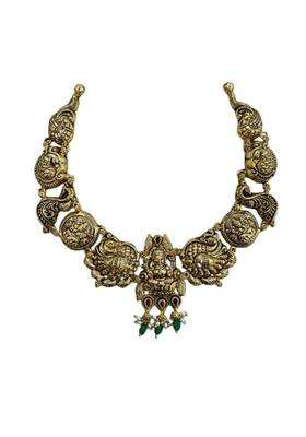 Silver 925 Antique Gold Plated Temple Necklace for Women Goddess Lakshmi Choker with Green and Ruby Beads