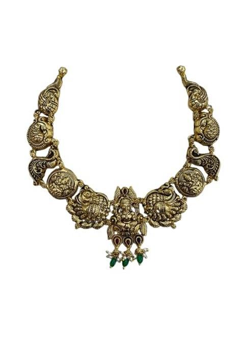 Silver 925 Antique Gold Plated Temple Necklace for Women Goddess Lakshmi Choker with Green and Ruby Beads