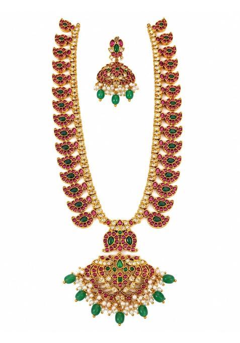 Jadau Kundan Mango Haram Long Necklace Set with Earrings