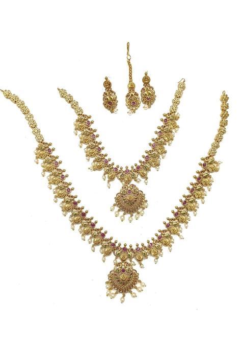 Traditional Gold Plated Temple Jewellery Set with Pearl Drops Ruby and Green Stone Embellishments