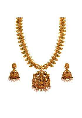 ZIO Traditional Gold Plated Temple Jewelry Necklace and Matching Jhumka Earrings Set with Goddess Lakshmi