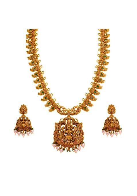 ZIO Traditional Gold Plated Temple Jewelry Necklace and Matching Jhumka Earrings Set with Goddess Lakshmi