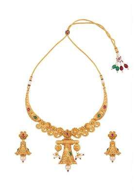 Antique Gold Plated Floral Bell Pendant Necklace and Earrings Set G