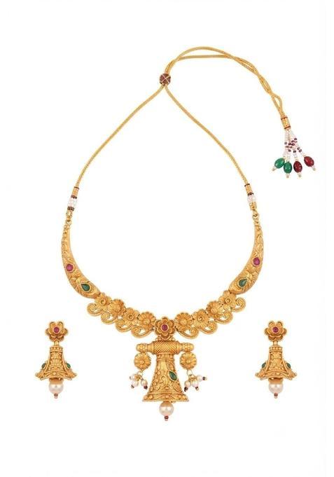 Antique Gold Plated Floral Bell Pendant Necklace and Earrings Set G