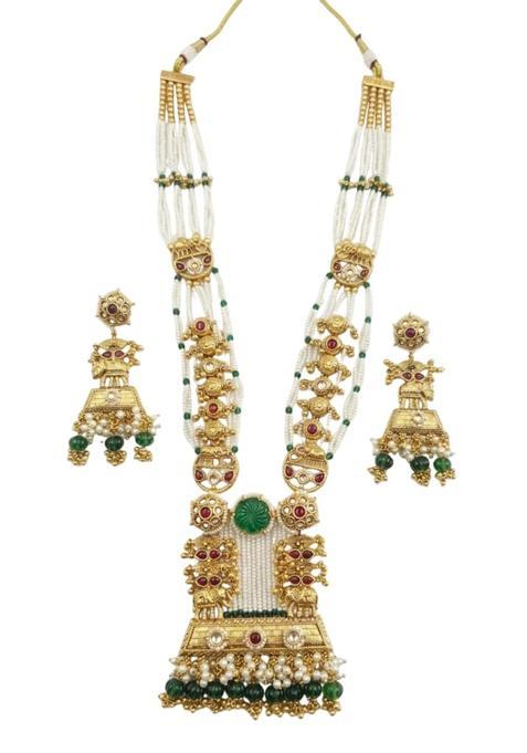Sitaram Gold Tone Temple Jewellery White Bead Set