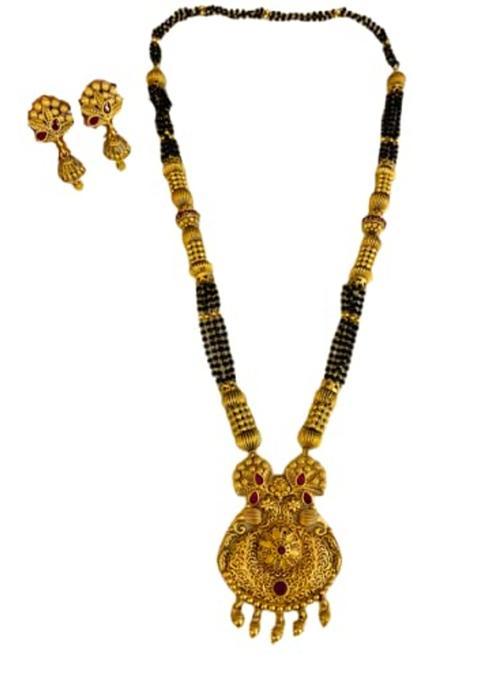 Eshna MORE 24KT PURE Gold Plated Long Chain Pendant Set 17 with Earrings PURE Copper MADE Temple Jewellery