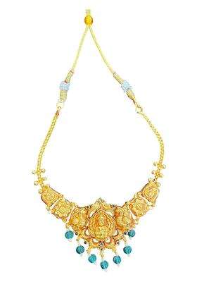 Silver 925 Traditional Temple Jewellery Necklace with Goddess Lakshmi Pendant and Green Beads