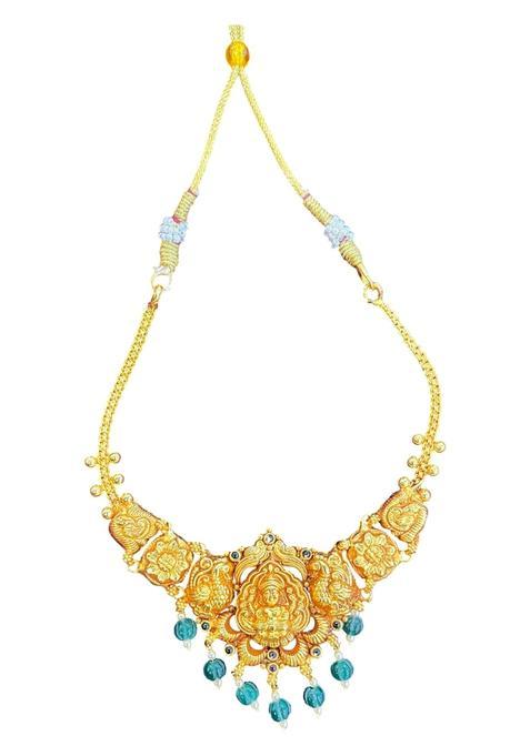 Silver 925 Traditional Temple Jewellery Necklace with Goddess Lakshmi Pendant and Green Beads