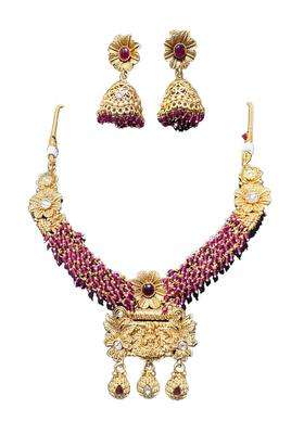 Traditional Gold Plated Temple Jewelry Set with Ruby Beads Floral Design Necklace and Jhumka Earrings