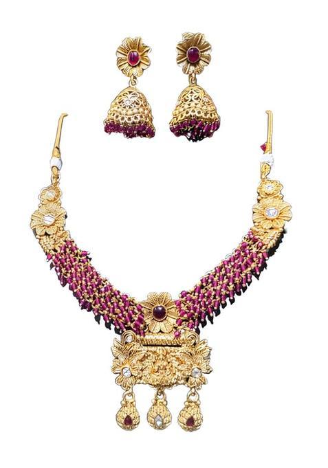 Traditional Gold Plated Temple Jewelry Set with Ruby Beads Floral Design Necklace and Jhumka Earrings