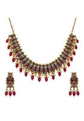 GLAM and Grace Womens Antique Gold Polish Red Stone Necklace Set with Matching Earrings
