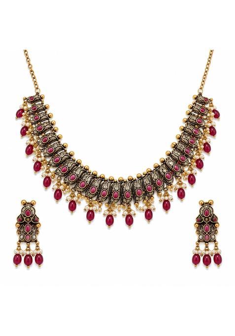 GLAM and Grace Womens Antique Gold Polish Red Stone Necklace Set with Matching Earrings