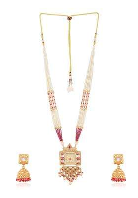 Jewellity Gold with Red and White Stone and Beads Designer Temple Jewelery Pendant Long Necklace with Jhumki