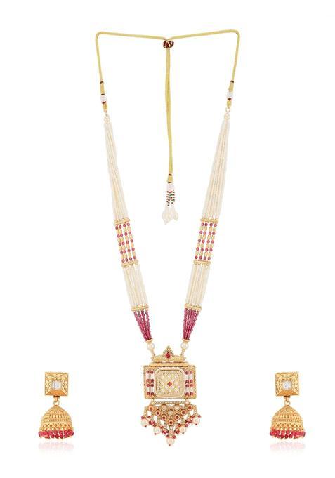 Jewellity Gold with Red and White Stone and Beads Designer Temple Jewelery Pendant Long Necklace with Jhumki