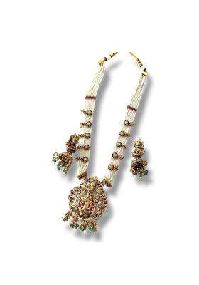 Kowish Traditional Temple Jewellery Set with Pearl Chain Antique Gold Finish Pendant Green Emerald Drops