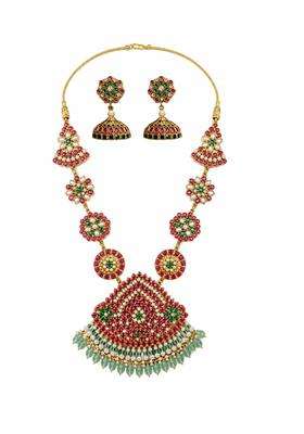 Handmade Traditional Temple Necklace and Earring for Women Pink and Green Stone Gold Finish Ethnic Jewelry
