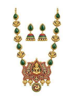 House of Alankrit Temple Lakshmi Necklace and Jhumka Earrings Set Gold Toned