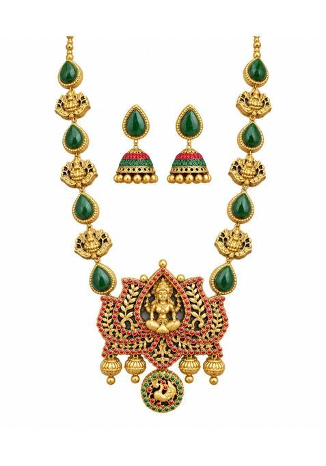House of Alankrit Temple Lakshmi Necklace and Jhumka Earrings Set Gold Toned