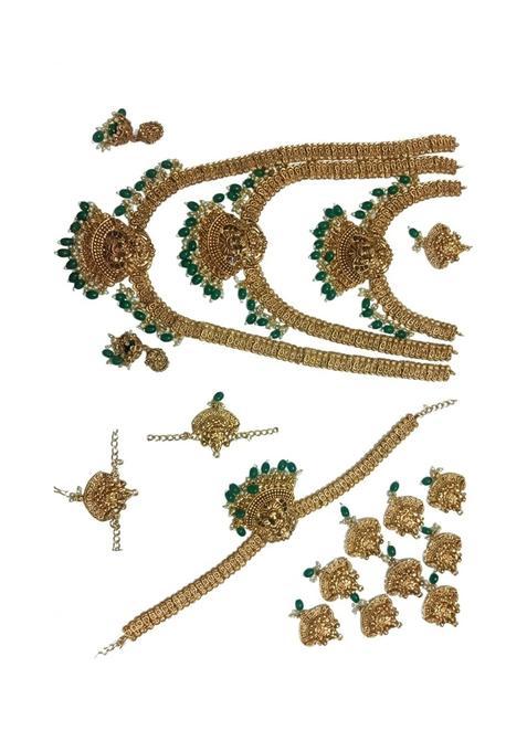 South Indian Temple Bridal Jewellery Set Gold Plated with Green Beads