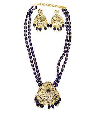 Traditional Gold Plated Jewelry Set with Blue Beaded Necklace and Earrings Antique Floral Design