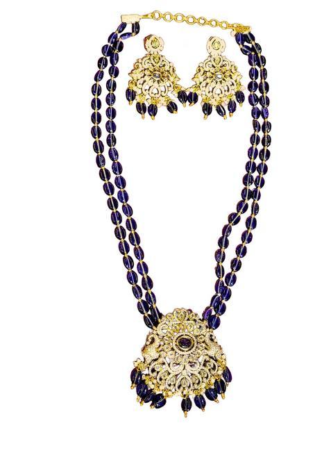 Traditional Gold Plated Jewelry Set with Blue Beaded Necklace and Earrings Antique Floral Design