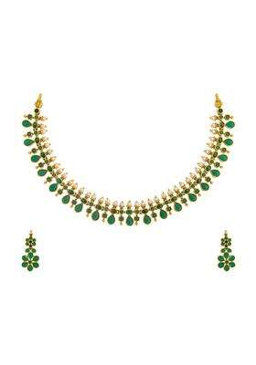 Kushals Fashion Jewellery Ruby Gold Plated Antique Necklace Set with Hanging Earrings for Women