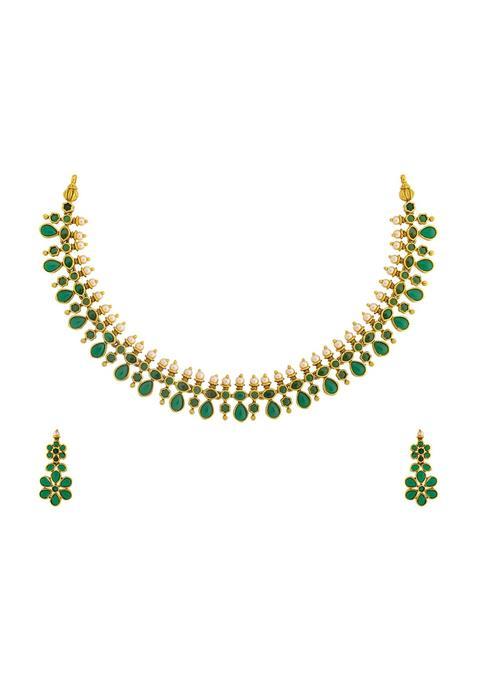 Kushals Fashion Jewellery Ruby Gold Plated Antique Necklace Set with Hanging Earrings for Women
