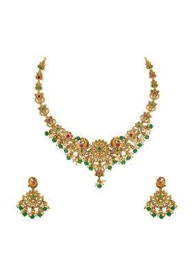 Kushals Fashion Jewellery Ruby Green Gold Plated Antique Necklace Set with Hanging Earrings for Women