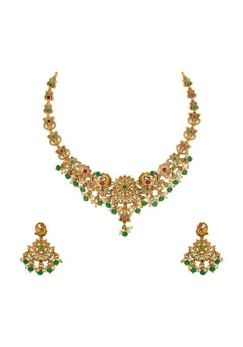 Kushals Fashion Jewellery Ruby Green Gold Plated Antique Necklace Set with Hanging Earrings for Women