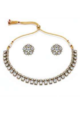 Iksava Traditional Victorian Style Antique Gold Plated American Diamond CZ Single Line Necklace Set for Women