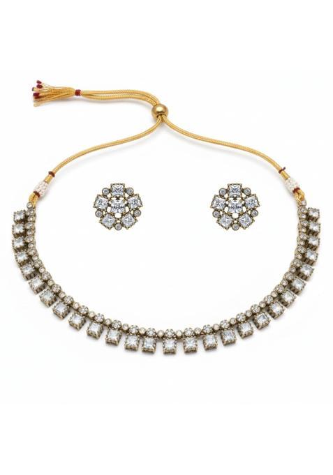 Iksava Traditional Victorian Style Antique Gold Plated American Diamond CZ Single Line Necklace Set for Women
