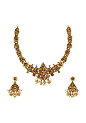 Kushals Fashion Jewellery Ruby Green Gold Plated Antique Necklace Set with Hanging Earrings for Women