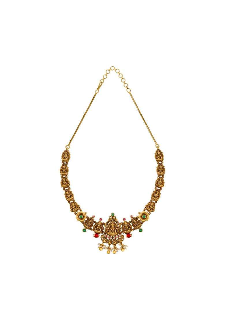 Kushals Fashion Jewellery Ruby Green Gold Plated Antique Necklace Set with Hanging Earrings for Women - Indya