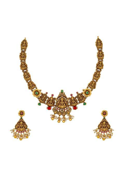 Kushals Fashion Jewellery Ruby Green Gold Plated Antique Necklace Set with Hanging Earrings for Women