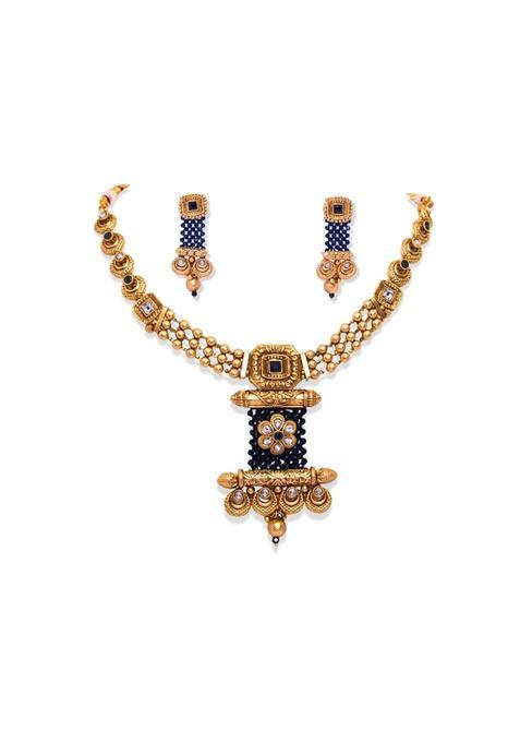 All That Glitters Zara Blue Gold Premium Necklace Set Antique Traditional Necklace with Earrings for Women