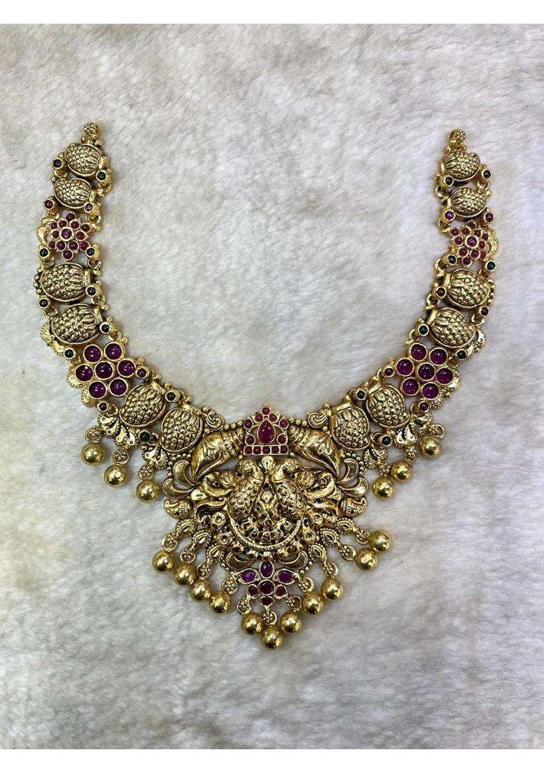 Silver 925 Traditional Gold Plated Temple Necklace for Women - Indya