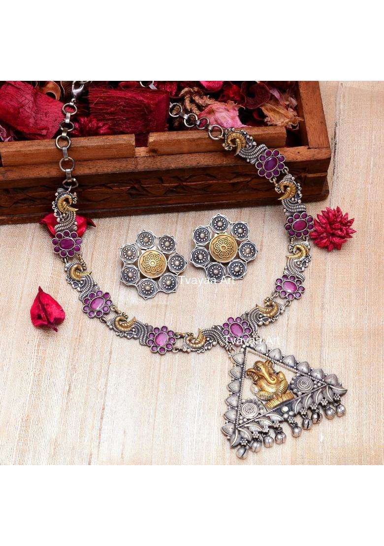 Tvayaa Art Indian Two Tone Necklace Silver Oxidised Ganesha Design Women and Girls Temple Jewellery - Indya