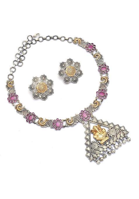 Tvayaa Art Indian Two Tone Necklace Silver Oxidised Ganesha Design Women and Girls Temple Jewellery