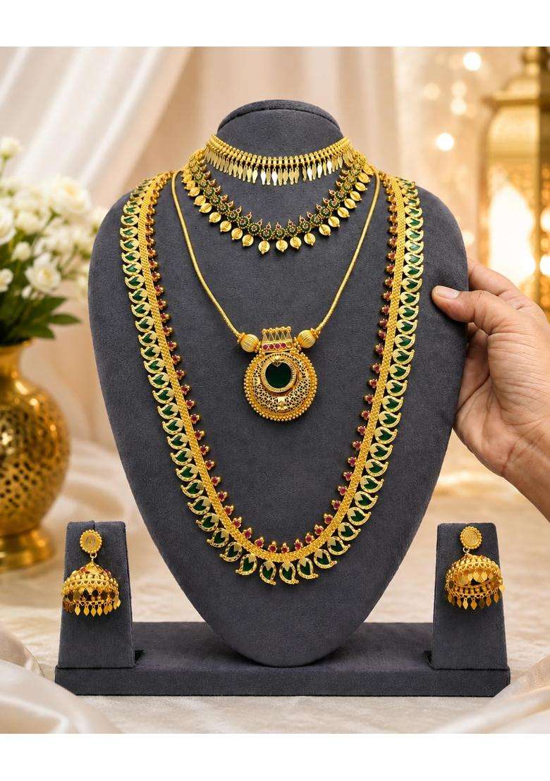Traditional Gold Tone Bridal Jewellery Set with Green and Ruby Stones - Indya