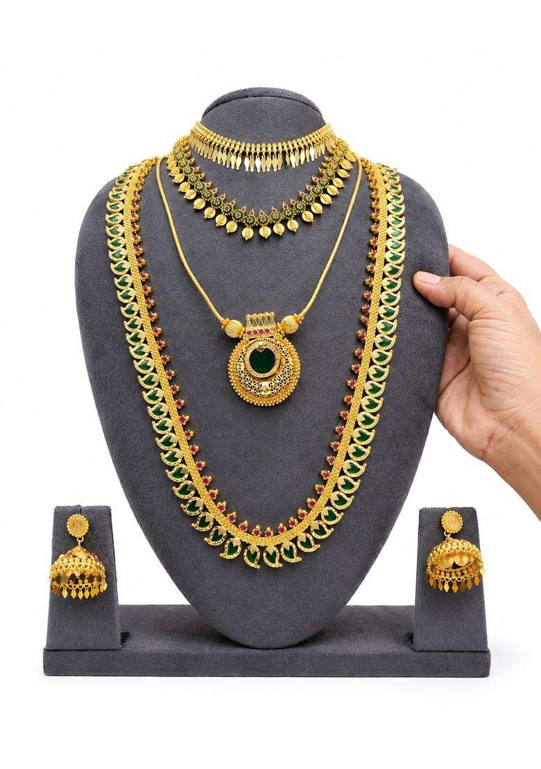Traditional Gold Tone Bridal Jewellery Set with Green and Ruby Stones - Indya